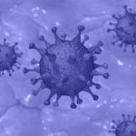 obraz ciemnofioletowego okrągłego wirusa z kolcami na jasnofioletowym tle