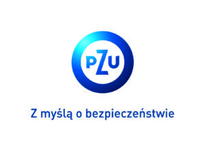 logo firmy niebieska obręcz z napisem w środku PZU niebieskim na białym tle z hasłem "z myślą o bezpieczeństwie"