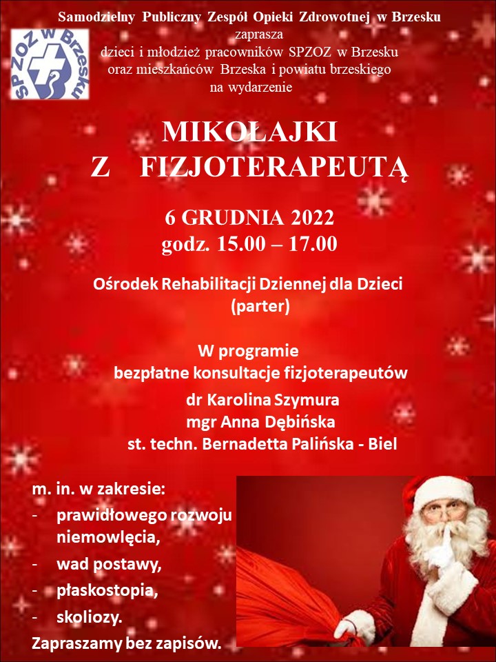 plakat wydarzenia Mikołajki z fizjoterapeutą ze zdjęciem Mikołaja na czerwonym tle