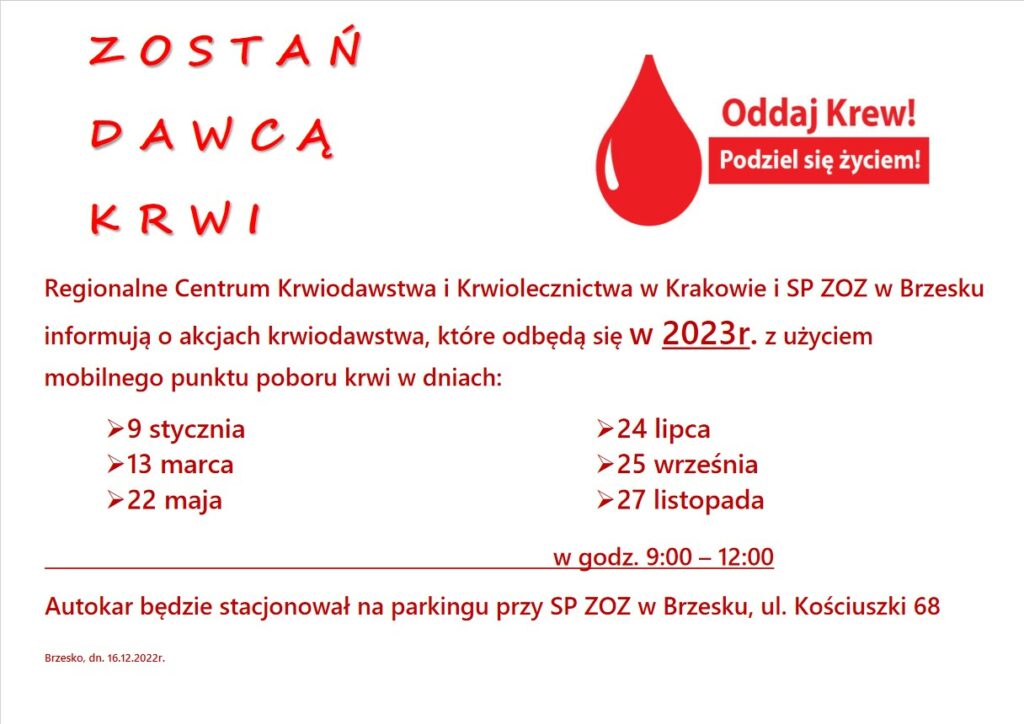 plakat z harmonogramem akcji krwiodawstwa w 2023 r.
