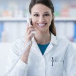 rejestracja pacjenta telefonicznie przez kobietę w białym fartuchu