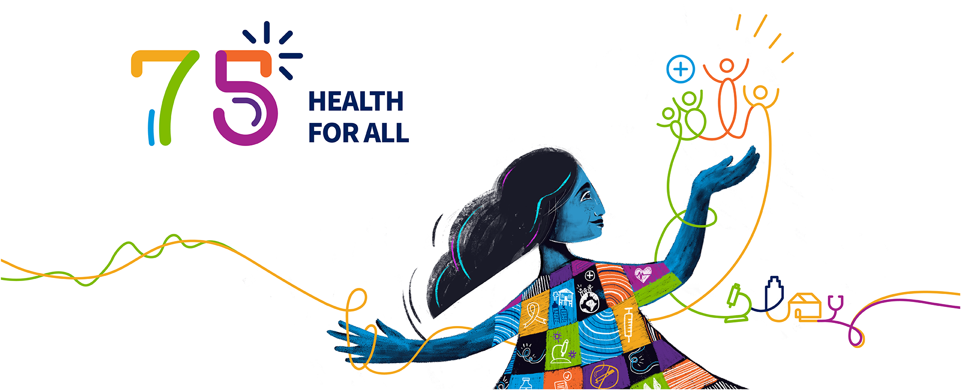 logo obchodów Światowego Dnia Zdrowia 20-23 - rysunkowa czarnowłosa kobieta w kolorowym ubraniu otoczona rysunkami związanymi z ochrona zdrowia