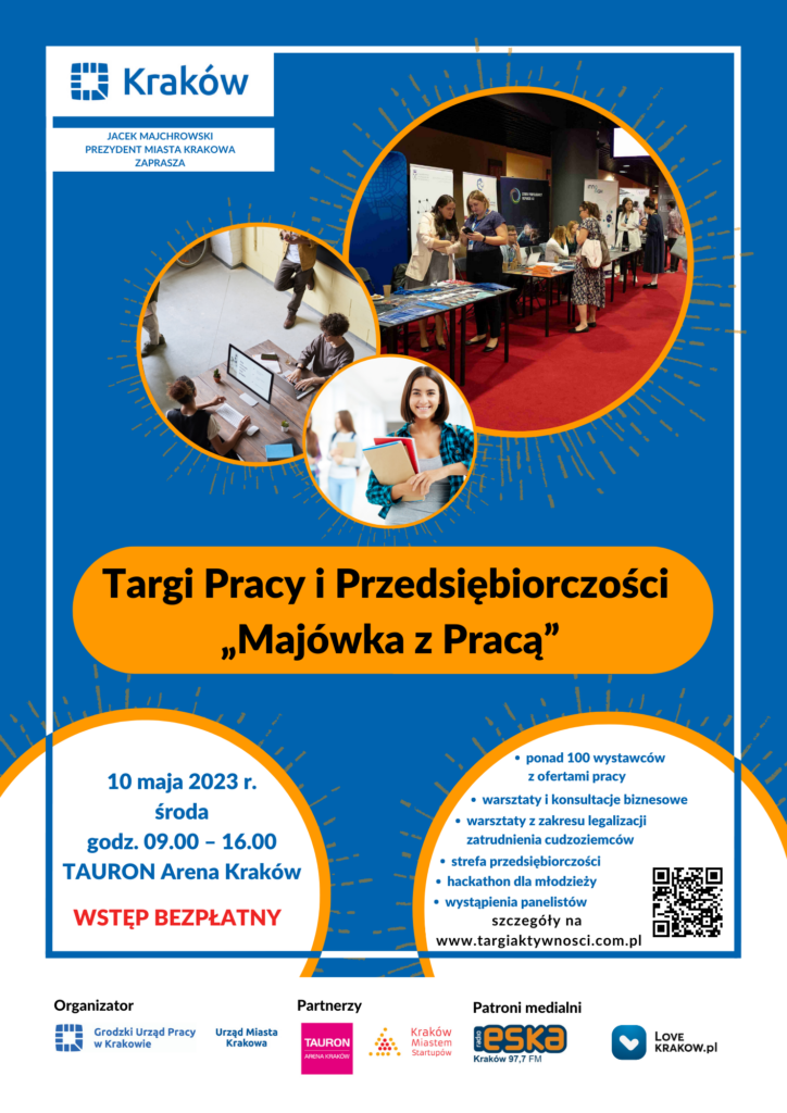 plakat reklamowy Targów Pracy i Przedsiębiorczości w Krakowie 10 maja 2023 r.
