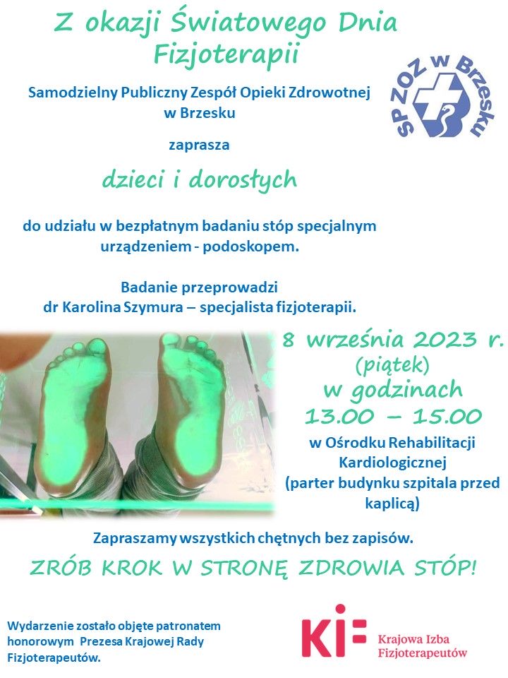 zdjęcie plakatu z informacja o bezpłatnym badaniu stop z ilustracją spodu stóp