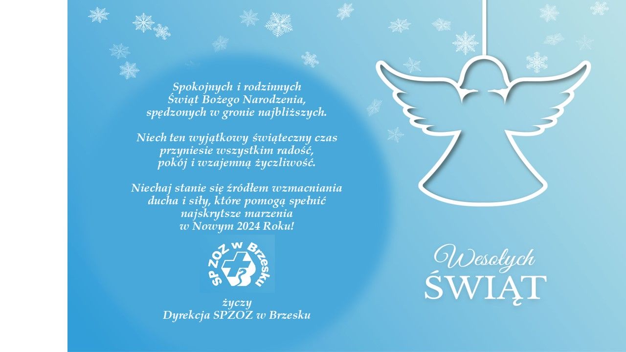 tekst życzeń na Święta Bożego Narodzenia z grafiką anioła świątecznego na niebieskim tle